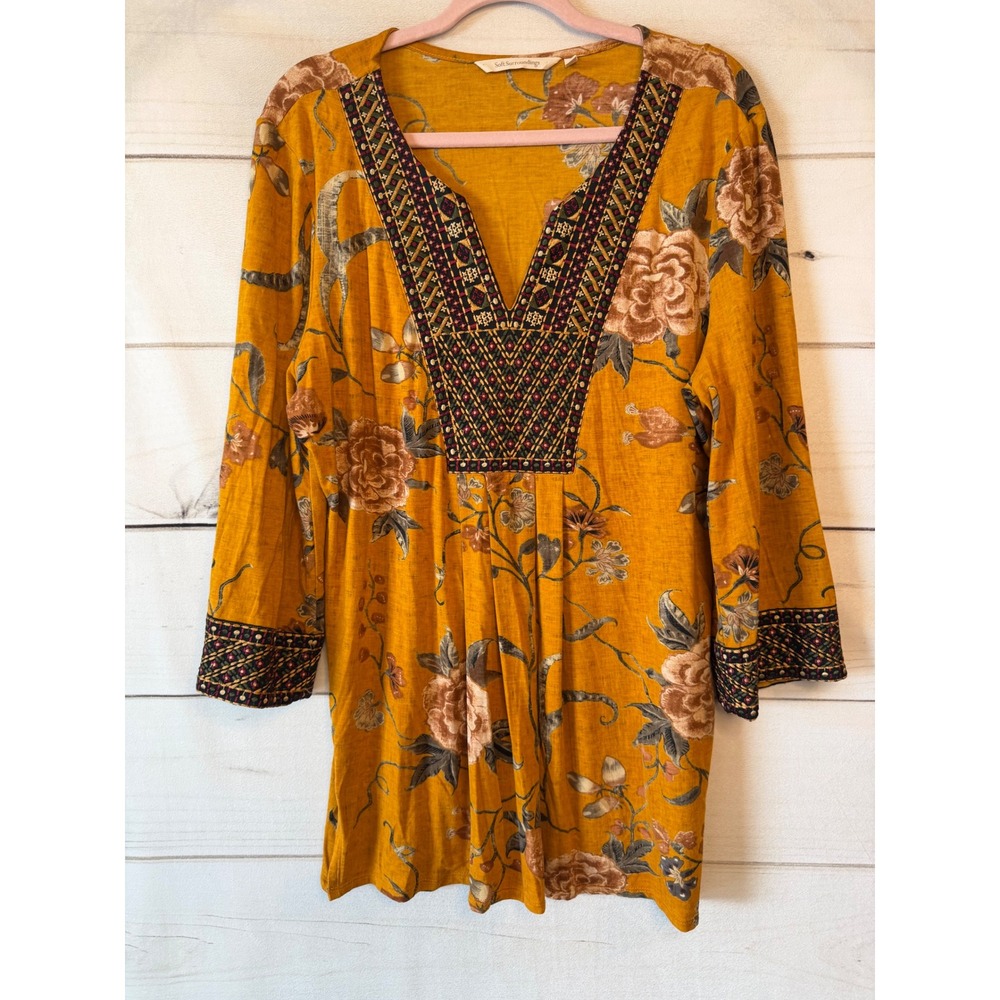 Soft Surroundings Mustard Yellow Floral Embroidered Boho Tunic Top Large 2BM75